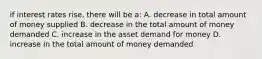 if interest rates rise, there will be a: A. decrease in total amount of money supplied B. decrease in the total amount of money demanded C. increase in the asset demand for money D. increase in the total amount of money demanded