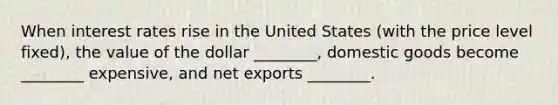 When interest rates rise in the United States (with the price level fixed), the value of the dollar ________, domestic goods become ________ expensive, and net exports ________.