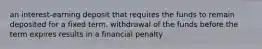 an interest-earning deposit that requires the funds to remain deposited for a fixed term. withdrawal of the funds before the term expires results in a financial penalty