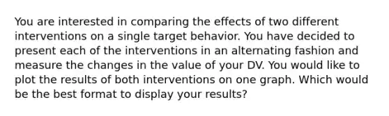 You are interested in comparing the effects of two different interventions on a single target behavior. You have decided to present each of the interventions in an alternating fashion and measure the changes in the value of your DV. You would like to plot the results of both interventions on one graph. Which would be the best format to display your results?