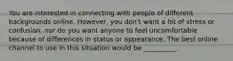 You are interested in connecting with people of different backgrounds online. However, you don't want a lot of stress or confusion, nor do you want anyone to feel uncomfortable because of differences in status or appearance. The best online channel to use in this situation would be __________.