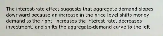 The interest-rate effect suggests that aggregate demand slopes downward because an increase in the price level shifts money demand to the right, increases the interest rate, decreases investment, and shifts the aggregate-demand curve to the left