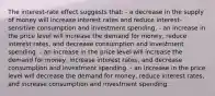 The interest-rate effect suggests that: - a decrease in the supply of money will increase interest rates and reduce interest-sensitive consumption and investment spending. - an increase in the price level will increase the demand for money, reduce interest rates, and decrease consumption and investment spending. - an increase in the price level will increase the demand for money, increase interest rates, and decrease consumption and investment spending. - an increase in the price level will decrease the demand for money, reduce interest rates, and increase consumption and investment spending.