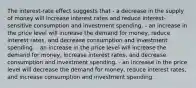 The interest-rate effect suggests that - a decrease in the supply of money will increase interest rates and reduce interest-sensitive consumption and investment spending. - an increase in the price level will increase the demand for money, reduce interest rates, and decrease consumption and investment spending. - an increase in the price level will increase the demand for money, increase interest rates, and decrease consumption and investment spending. - an increase in the price level will decrease the demand for money, reduce interest rates, and increase consumption and investment spending.