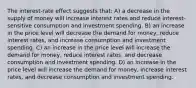 The interest-rate effect suggests that: A) a decrease in the supply of money will increase interest rates and reduce interest-sensitive consumption and investment spending. B) an increase in the price level will decrease the demand for money, reduce interest rates, and increase consumption and investment spending. C) an increase in the price level will increase the demand for money, reduce interest rates, and decrease consumption and investment spending. D) an increase in the price level will increase the demand for money, increase interest rates, and decrease consumption and investment spending.