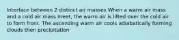 Interface between 2 distinct air masses When a warm air mass and a cold air mass meet, the warm air is lifted over the cold air to form front. The ascending warm air cools adiabatically forming clouds then precipitation