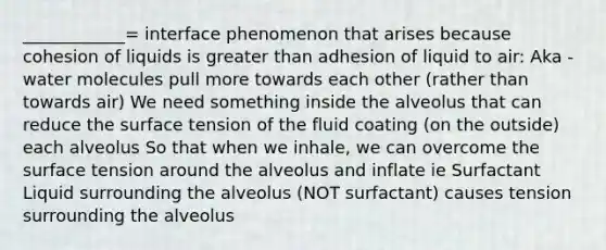 ____________= interface phenomenon that arises because cohesion of liquids is greater than adhesion of liquid to air: Aka - water molecules pull more towards each other (rather than towards air) We need something inside the alveolus that can reduce the surface tension of the fluid coating (on the outside) each alveolus So that when we inhale, we can overcome the surface tension around the alveolus and inflate ie Surfactant Liquid surrounding the alveolus (NOT surfactant) causes tension surrounding the alveolus