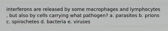 interferons are released by some macrophages and lymphocytes , but also by cells carrying what pathogen? a. parasites b. prions c. spirochetes d. bacteria e. viruses