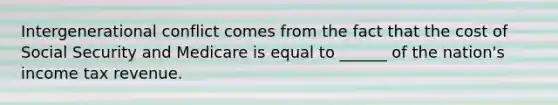 Intergenerational conflict comes from the fact that the cost of Social Security and Medicare is equal to ______ of the nation's income tax revenue.