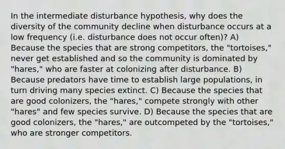 In the intermediate disturbance hypothesis, why does the diversity of the community decline when disturbance occurs at a low frequency (i.e. disturbance does not occur often)? A) Because the species that are strong competitors, the "tortoises," never get established and so the community is dominated by "hares," who are faster at colonizing after disturbance. B) Because predators have time to establish large populations, in turn driving many species extinct. C) Because the species that are good colonizers, the "hares," compete strongly with other "hares" and few species survive. D) Because the species that are good colonizers, the "hares," are outcompeted by the "tortoises," who are stronger competitors.