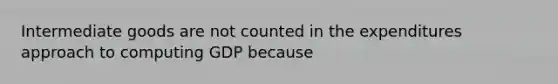 Intermediate goods are not counted in the expenditures approach to computing GDP because