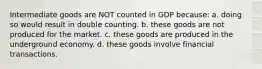 Intermediate goods are NOT counted in GDP because: a. doing so would result in double counting. b. these goods are not produced for the market. c. these goods are produced in the underground economy. d. these goods involve financial transactions.