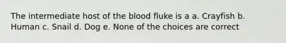 The intermediate host of the blood fluke is a a. Crayfish b. Human c. Snail d. Dog e. None of the choices are correct