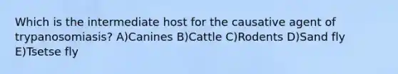 Which is the intermediate host for the causative agent of trypanosomiasis? A)Canines B)Cattle C)Rodents D)Sand fly E)Tsetse fly