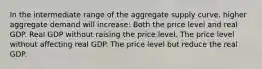 In the intermediate range of the aggregate supply curve, higher aggregate demand will increase: Both the price level and real GDP. Real GDP without raising the price level. The price level without affecting real GDP. The price level but reduce the real GDP.