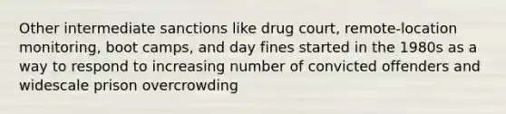 Other intermediate sanctions like drug court, remote-location monitoring, boot camps, and day fines started in the 1980s as a way to respond to increasing number of convicted offenders and widescale prison overcrowding