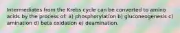 Intermediates from the Krebs cycle can be converted to amino acids by the process of: a) phosphorylation b) gluconeogenesis c) amination d) beta oxidation e) deamination.