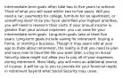 Intermediate-term goals often take two to five years to achieve. Think of what you will need within two to five years. Will you need a car, payments for college, furniture for an apartment, or something else? Once you have identified your highest priorities, you will need to research their costs. If your annual income is greater than your annual expenses, you can save for your intermediate-term goals. Long-term goals take at least five years. Long-term goals include saving for retirement, buying a home, or starting a business. Though it may seem odd at your age to think about retirement, the reality is that you need to plan and save now to have the life you want later. Living on Social Security alone might not allow you to pay all of your expenses during retirement. Most likely, you will need an additional source of income. It will be up to you to provide for your financial needs in retirement beyond what Social Security may cover.