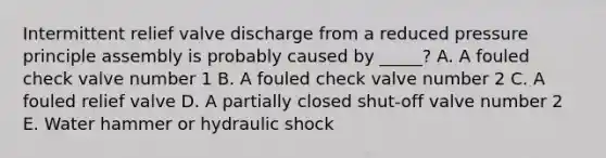 Intermittent relief valve discharge from a reduced pressure principle assembly is probably caused by _____? A. A fouled check valve number 1 B. A fouled check valve number 2 C. A fouled relief valve D. A partially closed shut-off valve number 2 E. Water hammer or hydraulic shock