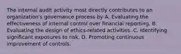 The internal audit activity most directly contributes to an organization's governance process by A. Evaluating the effectiveness of internal control over financial reporting. B. Evaluating the design of ethics-related activities. C. Identifying significant exposures to risk. D. Promoting continuous improvement of controls.