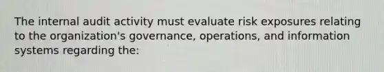 The internal audit activity must evaluate risk exposures relating to the organization's governance, operations, and information systems regarding the: