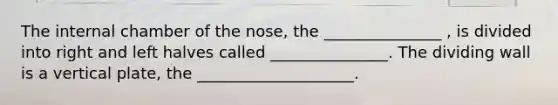 The internal chamber of the nose, the _______________ , is divided into right and left halves called _______________. The dividing wall is a vertical plate, the ____________________.