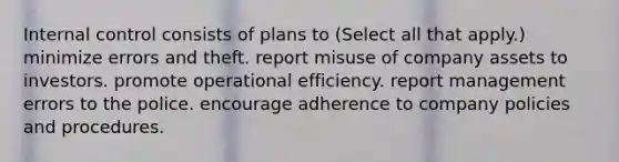 <a href='https://www.questionai.com/knowledge/kjj42owoAP-internal-control' class='anchor-knowledge'>internal control</a> consists of plans to (Select all that apply.) minimize errors and theft. report misuse of company assets to investors. promote operational efficiency. report management errors to the police. encourage adherence to company policies and procedures.