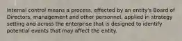 Internal control means a process, effected by an entity's Board of Directors, management and other personnel, applied in strategy setting and across the enterprise that is designed to identify potential events that may affect the entity.