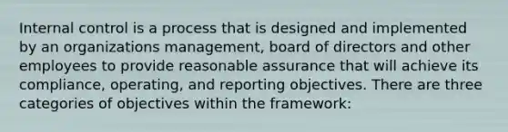 Internal control is a process that is designed and implemented by an organizations management, board of directors and other employees to provide reasonable assurance that will achieve its compliance, operating, and reporting objectives. There are three categories of objectives within the framework: