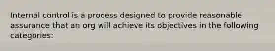 Internal control is a process designed to provide reasonable assurance that an org will achieve its objectives in the following categories: