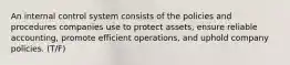 An internal control system consists of the policies and procedures companies use to protect assets, ensure reliable accounting, promote efficient operations, and uphold company policies. (T/F)