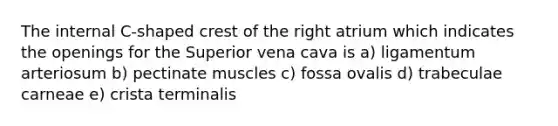 The internal C-shaped crest of the right atrium which indicates the openings for the Superior vena cava is a) ligamentum arteriosum b) pectinate muscles c) fossa ovalis d) trabeculae carneae e) crista terminalis