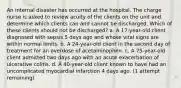 An internal disaster has occurred at the hospital. The charge nurse is asked to review acuity of the clients on the unit and determine which clients can and cannot be discharged. Which of these clients should not be discharged? a. A 17-year-old client diagnosed with sepsis 5 days ago and whose vital signs are within normal limits. b. A 24-year-old client in the second day of treatment for an overdose of acetaminophen. c. A 75-year-old client admitted two days ago with an acute exacerbation of ulcerative colitis. d. A 40-year-old client known to have had an uncomplicated myocardial infarction 4 days ago. (1 attempt remaining)