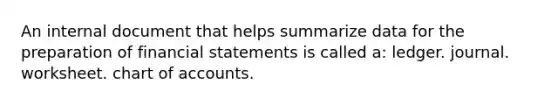 An internal document that helps summarize data for the preparation of financial statements is called a: ledger. journal. worksheet. chart of accounts.