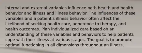 Internal and external variables influence both health and health behavior and illness and illness behavior. The influences of these variables and a patient's illness behavior often affect the likelihood of seeking health care, adherence to therapy, and health outcomes. Plan individualized care based on an understanding of these variables and behaviors to help patients cope with their illness at various stages. The goal is to promote optimal functioning in all dimensions throughout an illness.