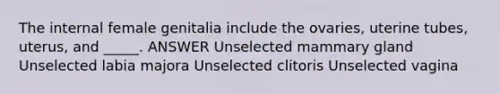 The internal female genitalia include the ovaries, uterine tubes, uterus, and _____. ANSWER Unselected mammary gland Unselected labia majora Unselected clitoris Unselected vagina
