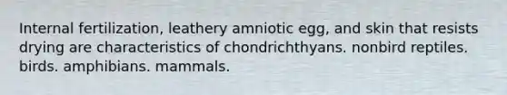 Internal fertilization, leathery amniotic egg, and skin that resists drying are characteristics of chondrichthyans. nonbird reptiles. birds. amphibians. mammals.