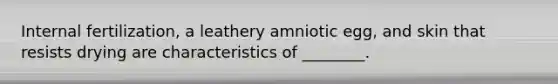 Internal fertilization, a leathery amniotic egg, and skin that resists drying are characteristics of ________.