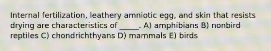 Internal fertilization, leathery amniotic egg, and skin that resists drying are characteristics of _____. A) amphibians B) nonbird reptiles C) chondrichthyans D) mammals E) birds