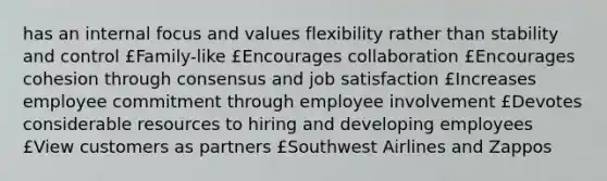 has an internal focus and values flexibility rather than stability and control £Family-like £Encourages collaboration £Encourages cohesion through consensus and job satisfaction £Increases employee commitment through employee involvement £Devotes considerable resources to hiring and developing employees £View customers as partners £Southwest Airlines and Zappos