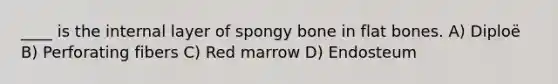 ____ is the internal layer of spongy bone in flat bones. A) Diploë B) Perforating fibers C) Red marrow D) Endosteum