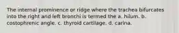 The internal prominence or ridge where the trachea bifurcates into the right and left bronchi is termed the a. hilum. b. costophrenic angle. c. thyroid cartilage. d. carina.