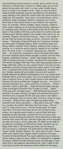 Internal Rhyme Internal rhyme is a poetic device which can be defined as metrical lines in which its middle words and its end words rhymes with each other. It is also called middle rhyme, since it comes in the middle of lines. Types of Internal Rhyme Internal rhyme examples may be classified into the following types: Rhyme in the same line comes when the words rhyme in a single line. For example, "Once upon a midnight dreary, while I pondered, weak and weary, Rhyme in separate lines comes when two or more words rhyme in the middle of the separate lines. For example, "While I nodded, nearly napping, suddenly there came a tapping, As of someone gently rapping, rapping at my chamber door." Rhyme of the words at the end of lines and words in the middle of the lines come when the words at the end of lines rhyme with the words in the middle of the next lines. For example, "Eagerly I wished the morrow; - vainly I had sought to borrow From my books surcease of sorrow - sorrow for the lost Lenore..." Examples of Internal Rhyme from Literature Example #1 Once upon a midnight dreary, while I pondered, weak and weary, While I nodded, nearly napping, suddenly there came a tapping, As of someone gently rapping, rapping at my chamber door. Tis some visitor," I muttered, "tapping at my chamber door..... Ah, distinctly I remember it was in the bleak December; And each separate dying ember wrought its ghost upon the floor. Eagerly I wished the morrow; - vainly I had sought to borrow From my books surcease of sorrow - sorrow for the lost Lenore... (The Raven by Edgar Allen Poe) This is the most popular poem of Edgar Allen Poe, where he uses internal rhyme. Here we can see examples of internal rhymes where the words rhyme in the same lines, in separate lines and in the proceeding lines. Example #2 ALL: Double, double toil and trouble, Fire burn and cauldron bubble (Macbeth by William Shakespeare) This is an extract from Macbeth where all witches speak. This is an example of the first type of internal rhyme in which words rhyme in the same line. Example #3 Jenny and Me were engaged, you see,... So a kiss or two was nothing to you... Jenny would go in a domino .... While I attended, clad in a splendid...... Now we had arranged, through notes exchanged At Number Four to waltz no more, ... When Three was over, an eager lover..... (Pink Dominoes by Rudyard Kipling) In the given excerpt, the poet has used the first type of internal rhyme. Example #4 The ship was cheer'd, the harbor clear'd, And every day, for food or play, In mist or cloud, on mast or shroud,.. Whiles all the night, through fog-smoke white, Glimmer'd the white moonshine..... Why look'st thou so?'—'With my crossbow Ah wretch! Said they, the bird to slay... Then all averr'd, I had kill'd the bird... The fair breeze blew, the white foam flew, (The Rime of Ancient Mariner by T.S Eliot) In this extract, the rhyming words create a musical effect and give emphasis to the meanings. Example #5 For the moon never beams without bringing me dreams Of the beautiful Annabel Lee; And the stars never rise but I feel the bright eyes Of the beautiful Annabel Lee; And so, all the night-tide, I lie down by the side Of my darling, my darling, my life and my bride, (Annabel Lee by Edgar Allan Poe) In the following example, the first type of internal rhyme is employed. The words which create internal rhyme include "beams, dreams, rise, eyes, tide and side." These words give rhythm and a regular rhyme scheme to the poem. Function of Internal Rhyme The sound repetition due to internal rhyme makes a poem or story unified. It is employed to heighten the poem's effects and this internal rhyme can take place in the same line or two separate alternating lines. Also, it adds to the meanings of words and enhances musical effects of the poem.