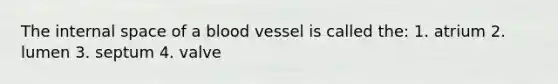 The internal space of a blood vessel is called the: 1. atrium 2. lumen 3. septum 4. valve