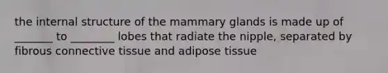 the internal structure of the mammary glands is made up of _______ to ________ lobes that radiate the nipple, separated by fibrous <a href='https://www.questionai.com/knowledge/kYDr0DHyc8-connective-tissue' class='anchor-knowledge'>connective tissue</a> and adipose tissue