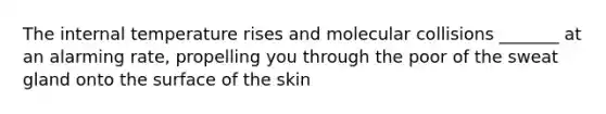 The internal temperature rises and molecular collisions _______ at an alarming rate, propelling you through the poor of the sweat gland onto the surface of the skin