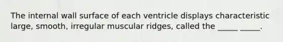 The internal wall surface of each ventricle displays characteristic large, smooth, irregular muscular ridges, called the _____ _____.