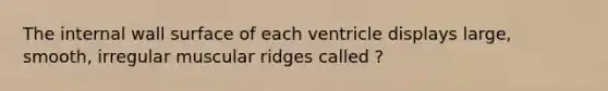 The internal wall surface of each ventricle displays large, smooth, irregular muscular ridges called ?