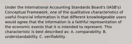 Under the International Accounting Standards Board's (IASB's) Conceptual Framework, one of the qualitative characteristics of useful financial information is that different knowledgeable users would agree that the information is a faithful representation of the economic events that it is intended to represent. This characteristic is best described as: A. comparability. B. understandability. C. verifiability.