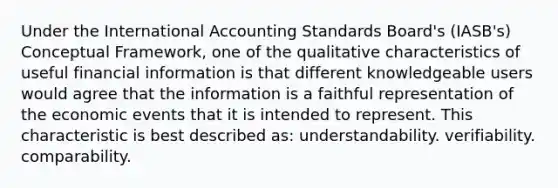 Under the International Accounting Standards Board's (IASB's) Conceptual Framework, one of the qualitative characteristics of useful financial information is that different knowledgeable users would agree that the information is a faithful representation of the economic events that it is intended to represent. This characteristic is best described as: understandability. verifiability. comparability.